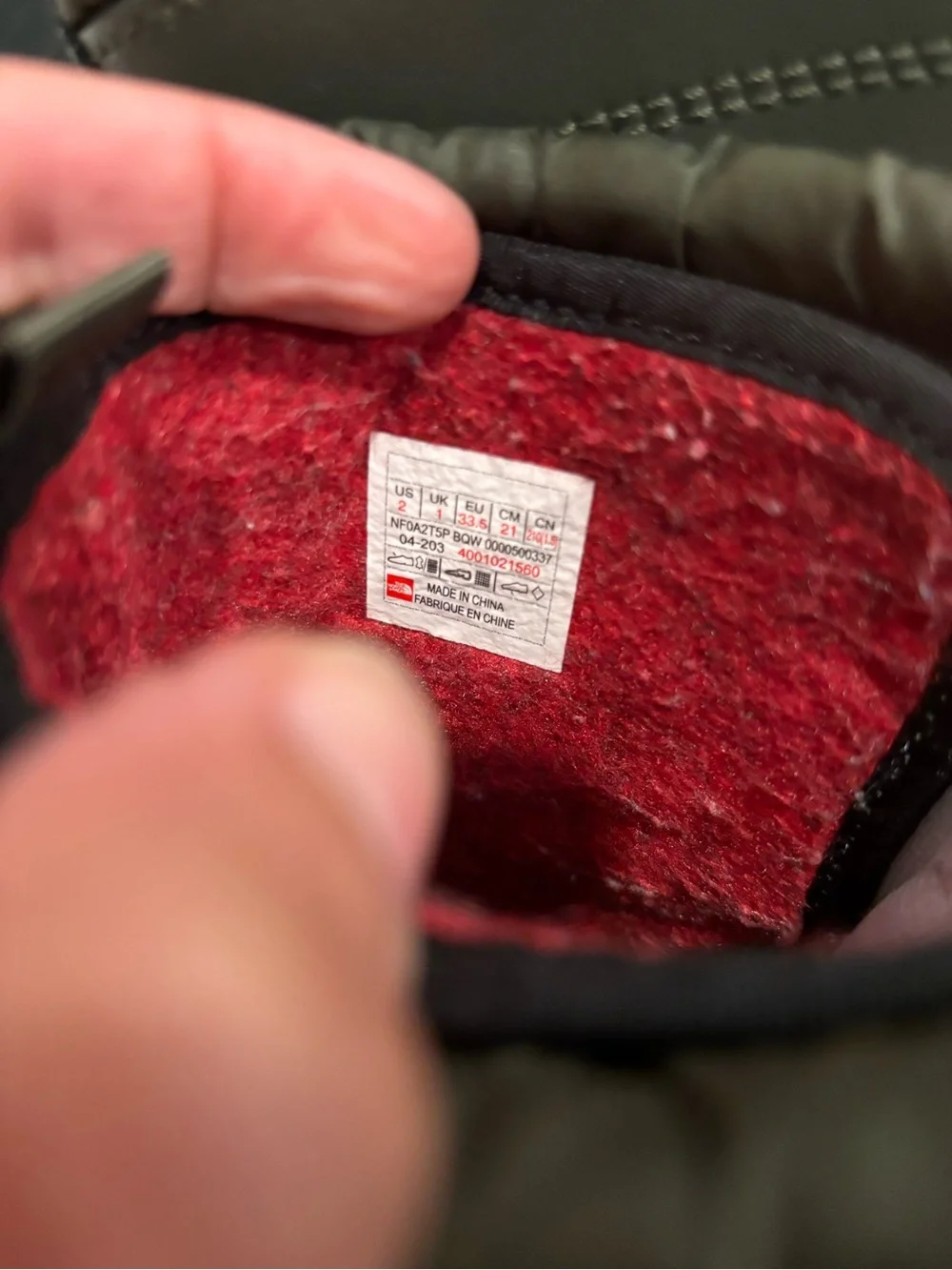 The North Face Olive Green and Red Insulated Boot Interior